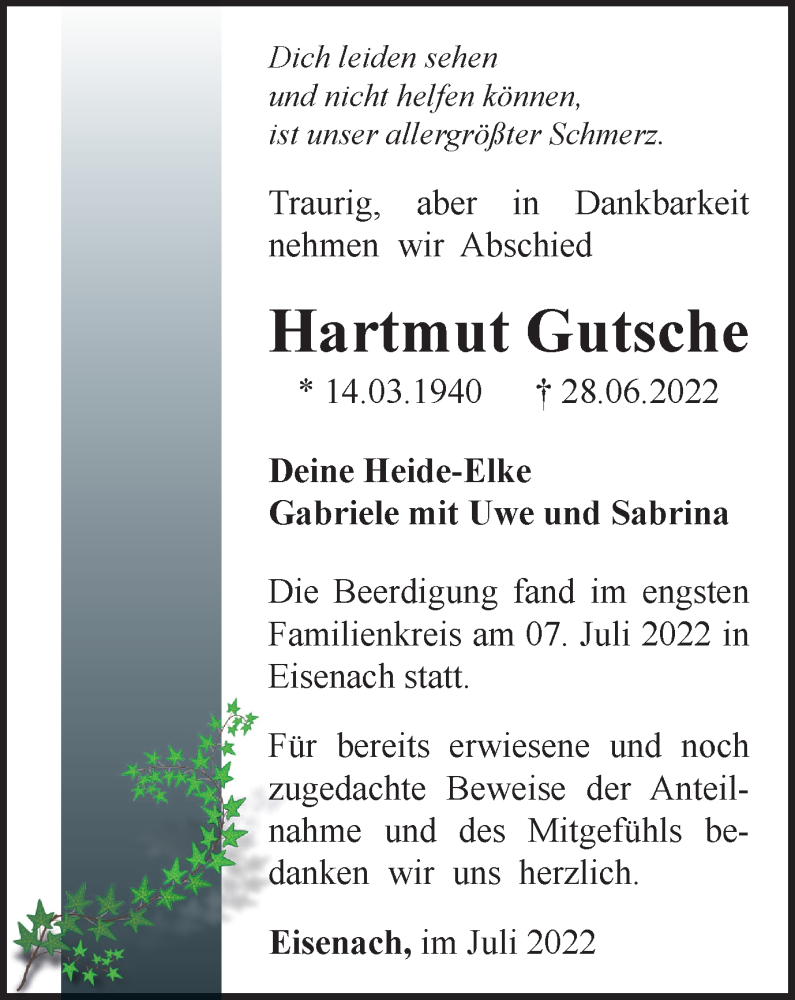  Traueranzeige für Hartmut Gutsche vom 23.07.2022 aus Thüringer Allgemeine, Thüringische Landeszeitung