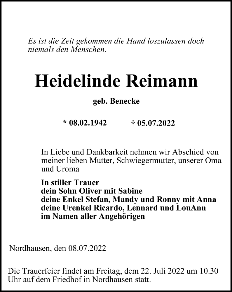  Traueranzeige für Heidelinde Reimann vom 12.07.2022 aus Thüringer Allgemeine