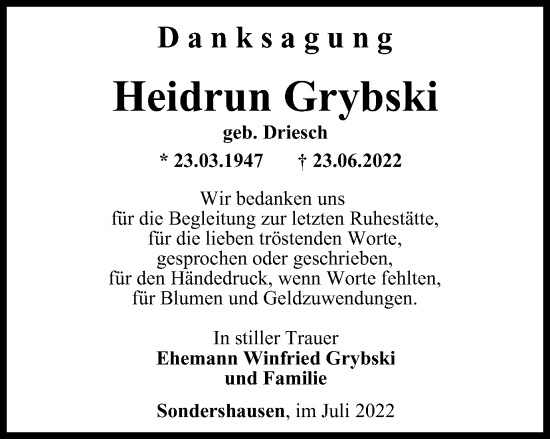 Traueranzeige von Heidrun Grybski