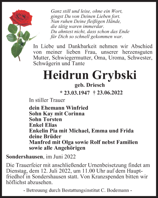 Traueranzeige von Heidrun Grybski