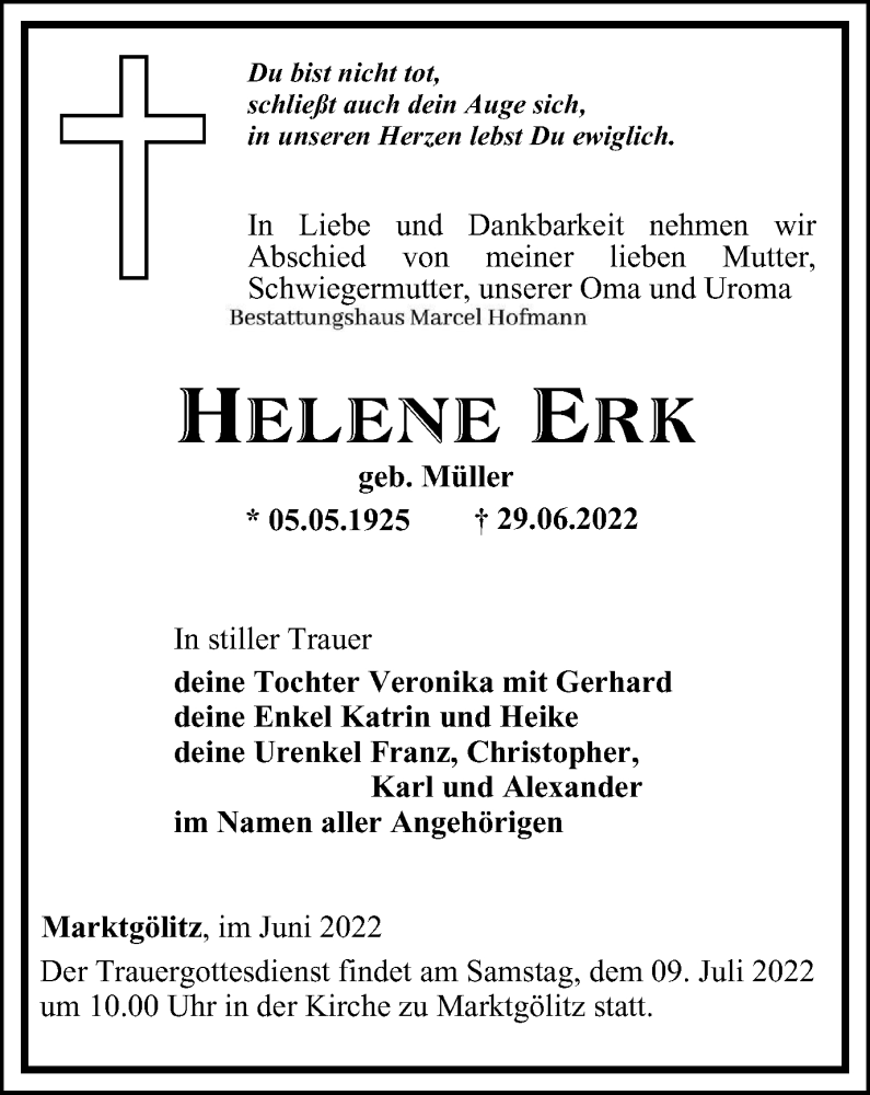  Traueranzeige für Helene Erk vom 02.07.2022 aus Ostthüringer Zeitung