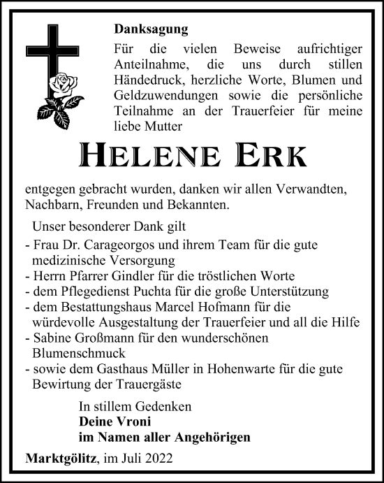 Traueranzeige von Helene Erk von Ostthüringer Zeitung