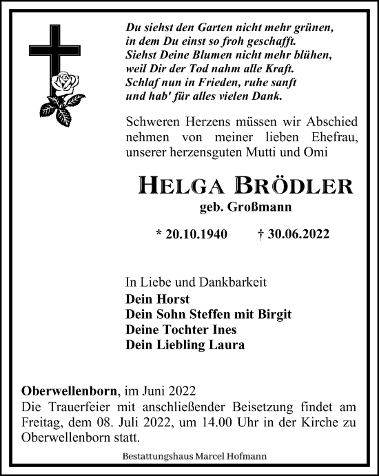 Traueranzeige von Helga Brödler von Ostthüringer Zeitung