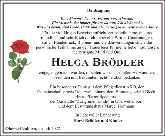Traueranzeige von Helga Brödler von Ostthüringer Zeitung