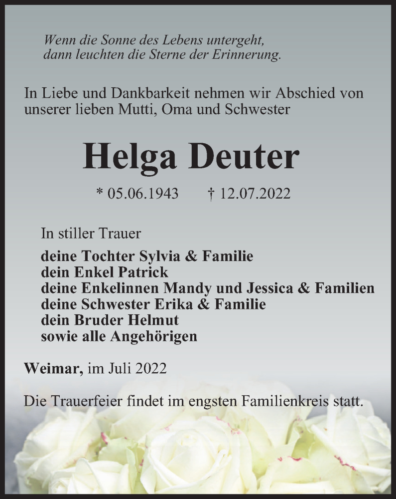  Traueranzeige für Helga Deuter vom 23.07.2022 aus Thüringer Allgemeine, Thüringische Landeszeitung