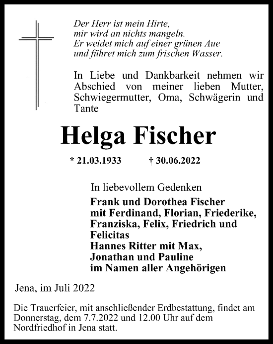 Traueranzeige von Helga Fischer von Ostthüringer Zeitung, Thüringische Landeszeitung