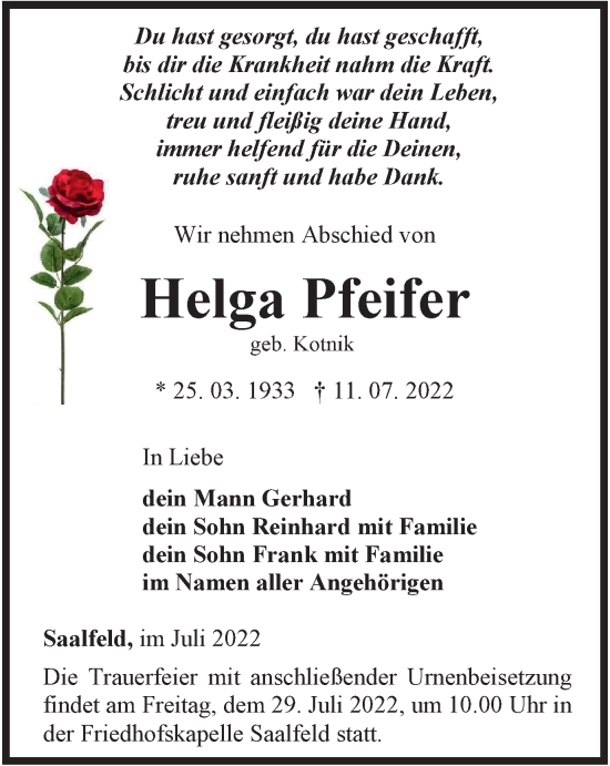 Traueranzeige von Helga Pfeifer von Ostthüringer Zeitung