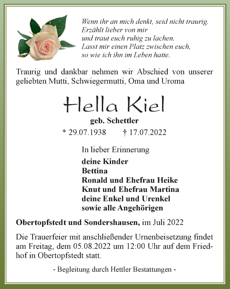  Traueranzeige für Hella Kiel vom 23.07.2022 aus Thüringer Allgemeine