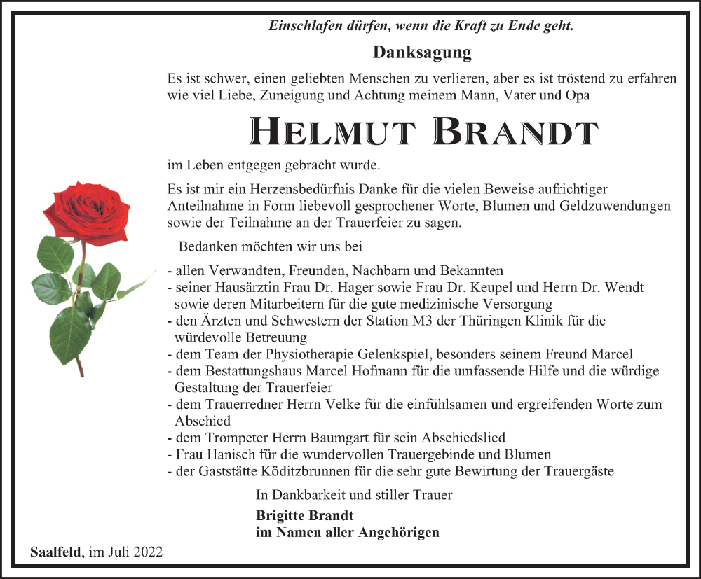  Traueranzeige für Helmut Brandt vom 16.07.2022 aus Ostthüringer Zeitung