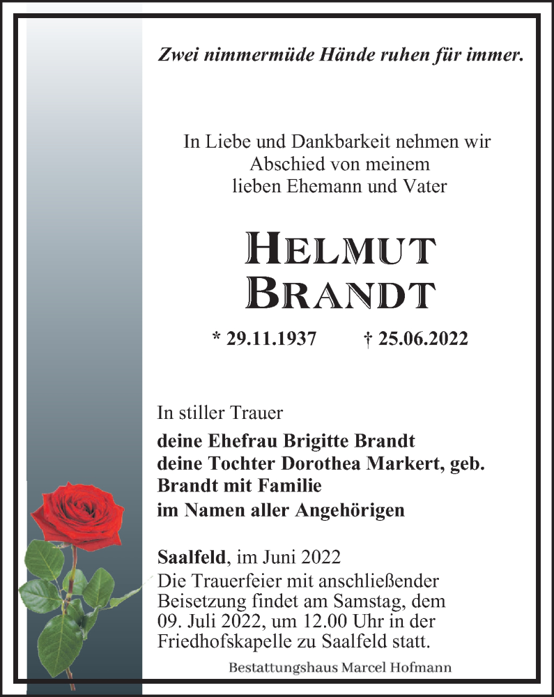  Traueranzeige für Helmut Brandt vom 02.07.2022 aus Ostthüringer Zeitung