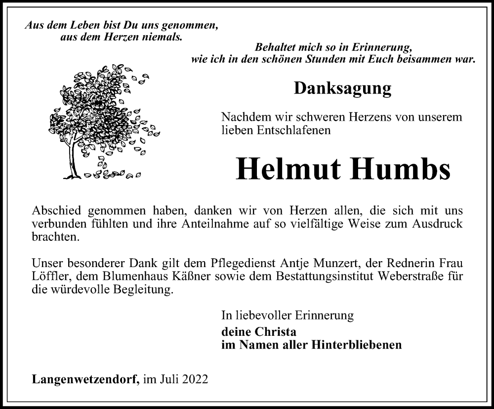  Traueranzeige für Helmut Humbs vom 01.07.2022 aus Ostthüringer Zeitung