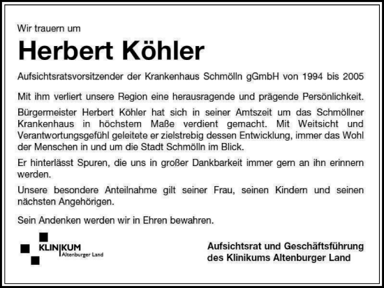 Traueranzeige von Herbert Köhler von Ostthüringer Zeitung