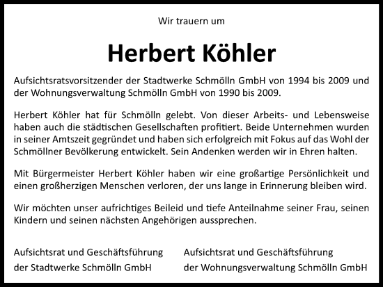 Traueranzeige von Herbert Köhler von Ostthüringer Zeitung