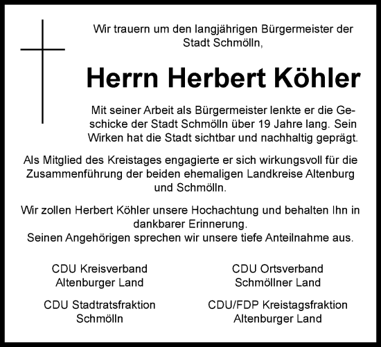 Traueranzeige von Herbert Köhler von Ostthüringer Zeitung