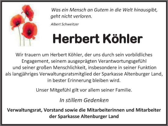 Traueranzeige von Herbert Köhler von Ostthüringer Zeitung