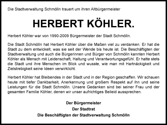 Traueranzeige von Herbert Köhler von Ostthüringer Zeitung