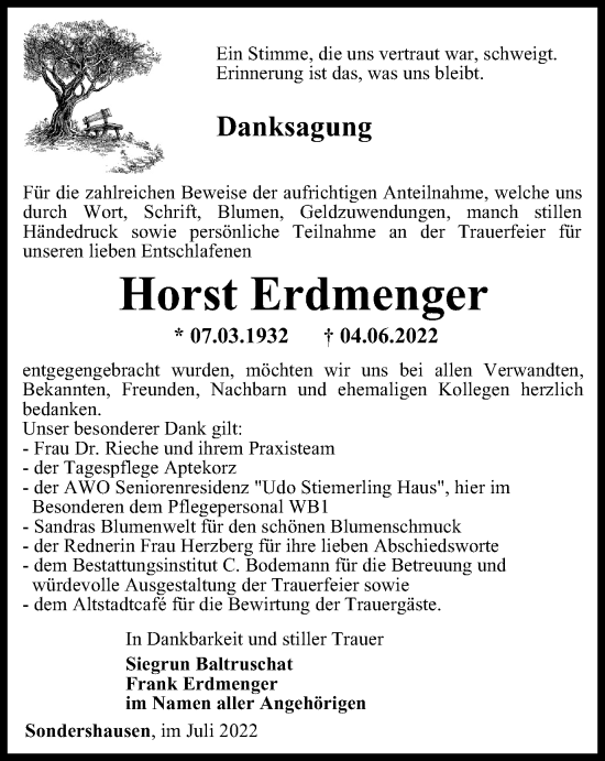 Traueranzeige von Horst Erdmenger