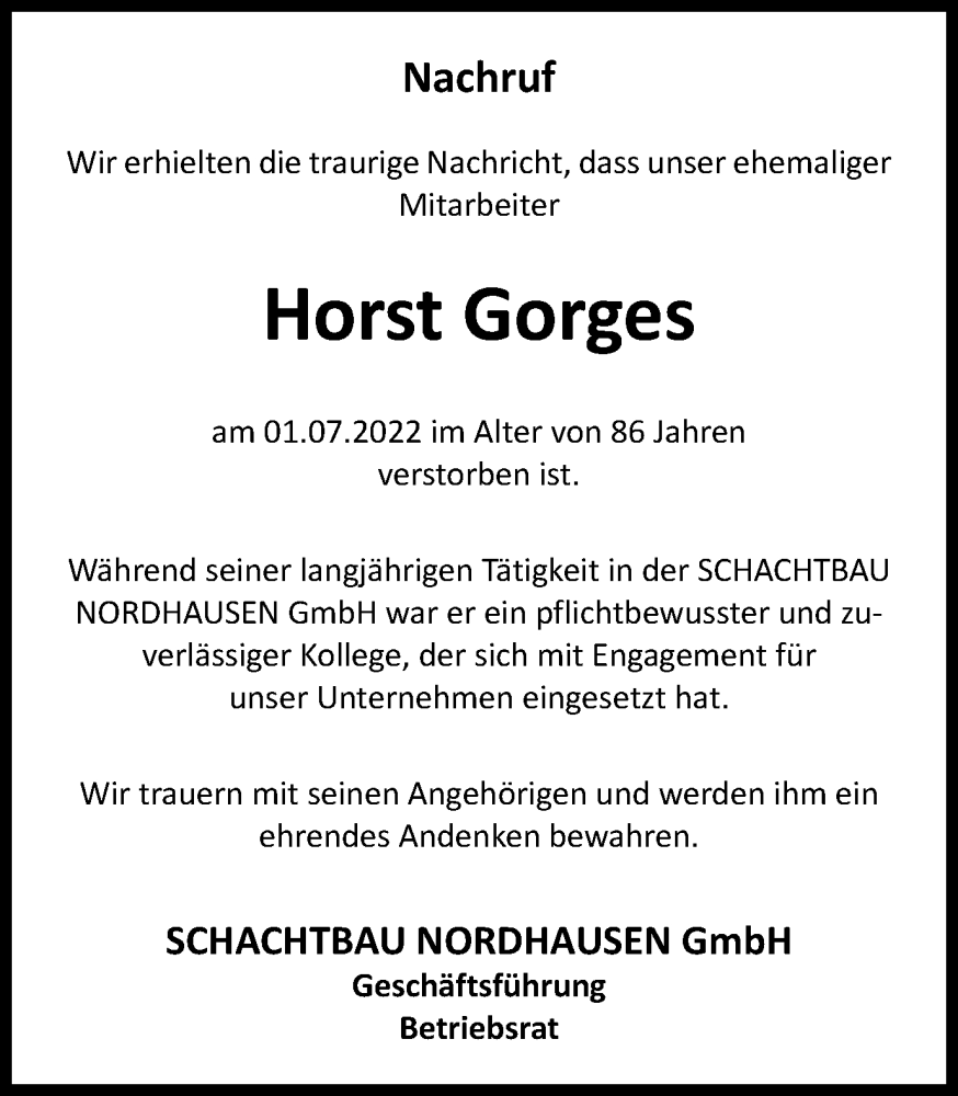  Traueranzeige für Horst Gorges vom 23.07.2022 aus Thüringer Allgemeine