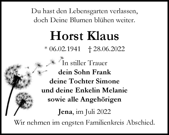 Traueranzeige von Horst Klaus von Ostthüringer Zeitung, Thüringische Landeszeitung