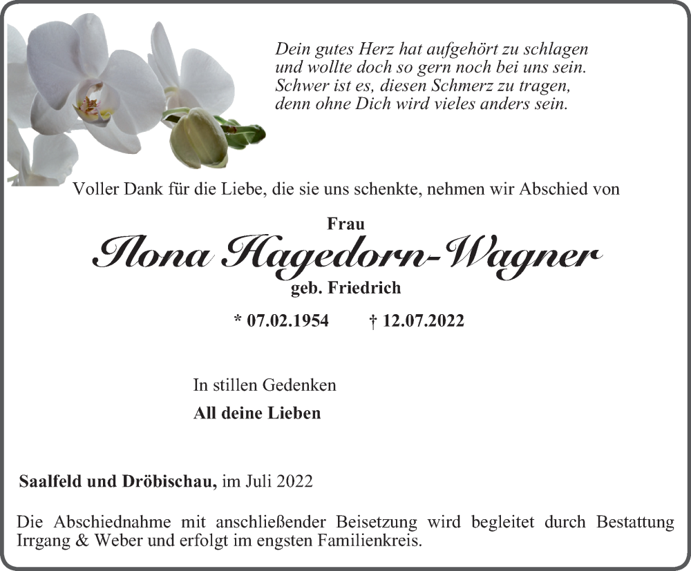  Traueranzeige für Ilona Hagedorn-Wagner vom 23.07.2022 aus Ostthüringer Zeitung