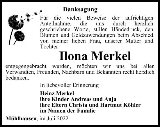 Traueranzeige von Ilona Merkel