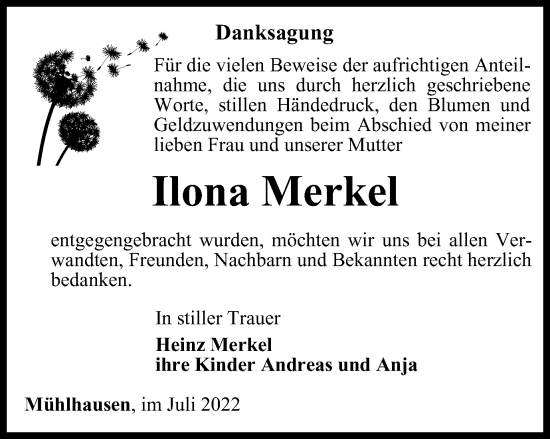 Traueranzeige von Ilona Merkel