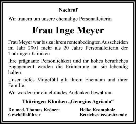 Traueranzeige von Inge Meyer von Ostthüringer Zeitung