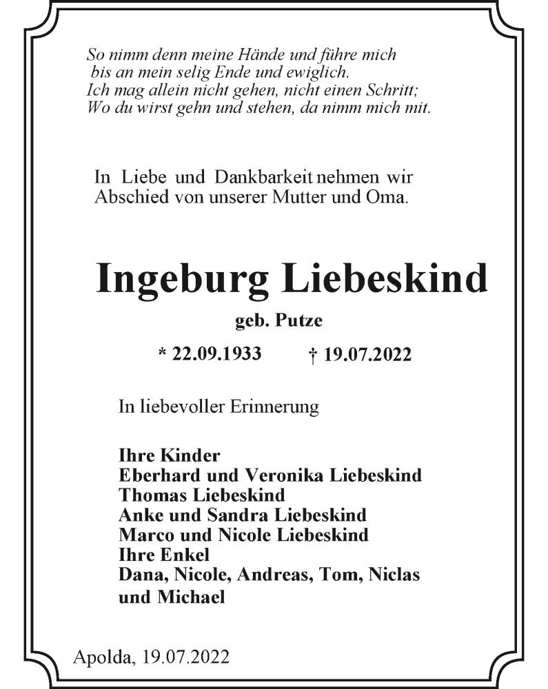  Traueranzeige für Ingeburg Liebeskind vom 23.07.2022 aus Thüringer Allgemeine, Thüringische Landeszeitung