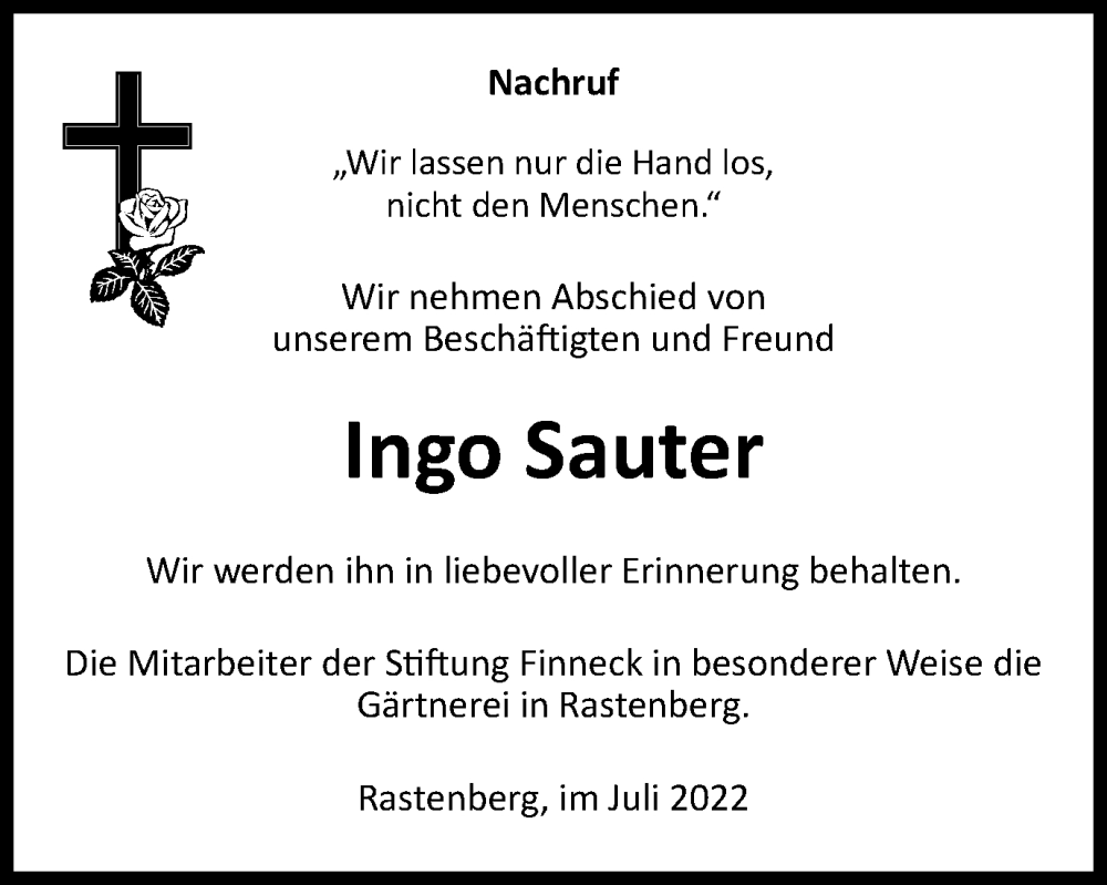  Traueranzeige für Ingo Sauter vom 23.07.2022 aus Thüringer Allgemeine