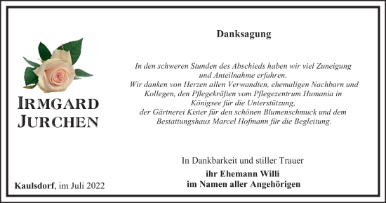 Traueranzeige von Irmgard Jurchen von Ostthüringer Zeitung
