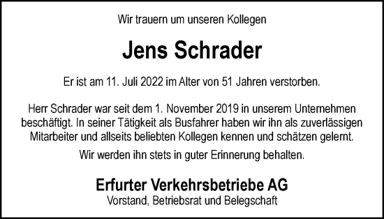 Traueranzeige von Jens Schrader von Thüringer Allgemeine, Thüringische Landeszeitung