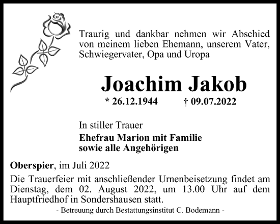 Traueranzeige von Joachim Jakob