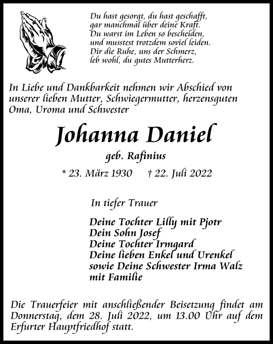 Traueranzeige von Johanna Daniel