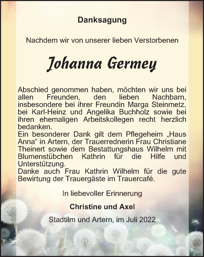  Traueranzeige für Johanna Germey vom 23.07.2022 aus Thüringer Allgemeine