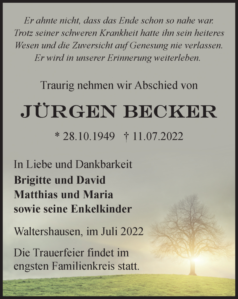  Traueranzeige für Jürgen Becker vom 23.07.2022 aus Thüringer Allgemeine, Thüringische Landeszeitung