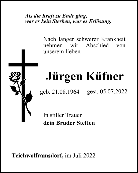 Traueranzeige von Jürgen Küfner von Ostthüringer Zeitung