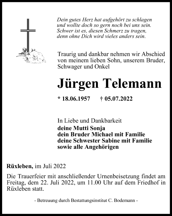 Traueranzeige von Jürgen Telemann