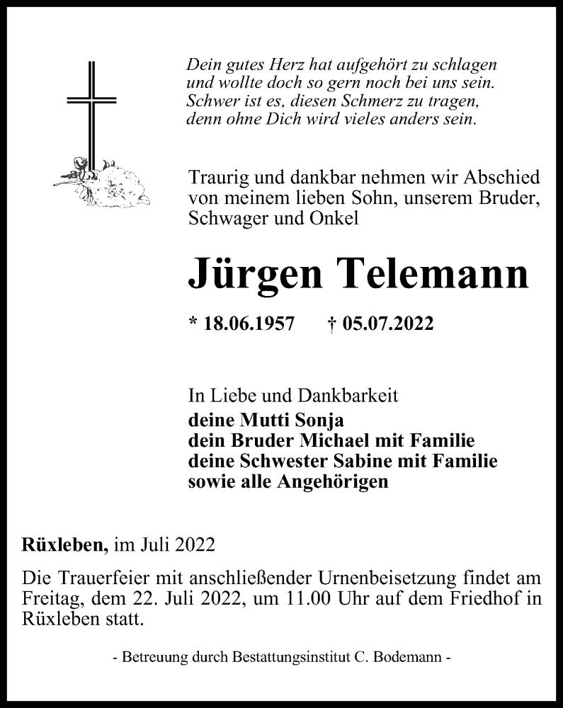  Traueranzeige für Jürgen Telemann vom 16.07.2022 aus Thüringer Allgemeine