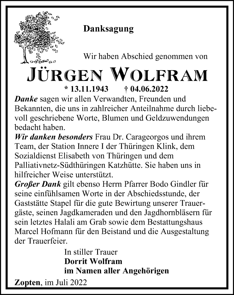  Traueranzeige für Jürgen Wolfram vom 09.07.2022 aus Ostthüringer Zeitung