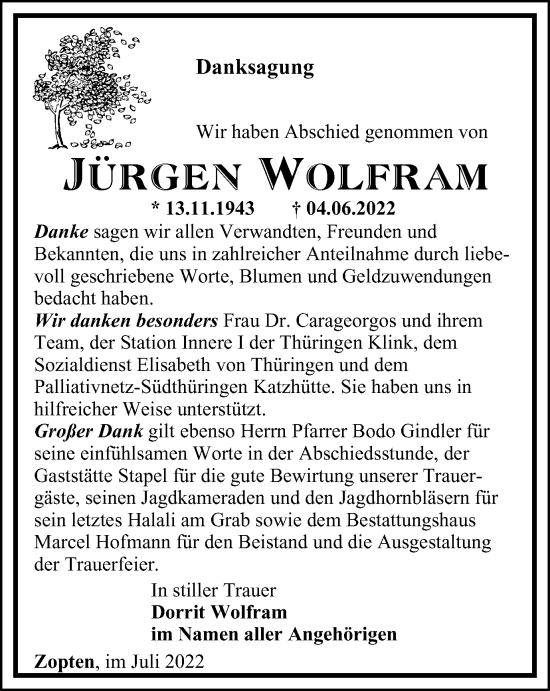 Traueranzeige von Jürgen Wolfram von Ostthüringer Zeitung