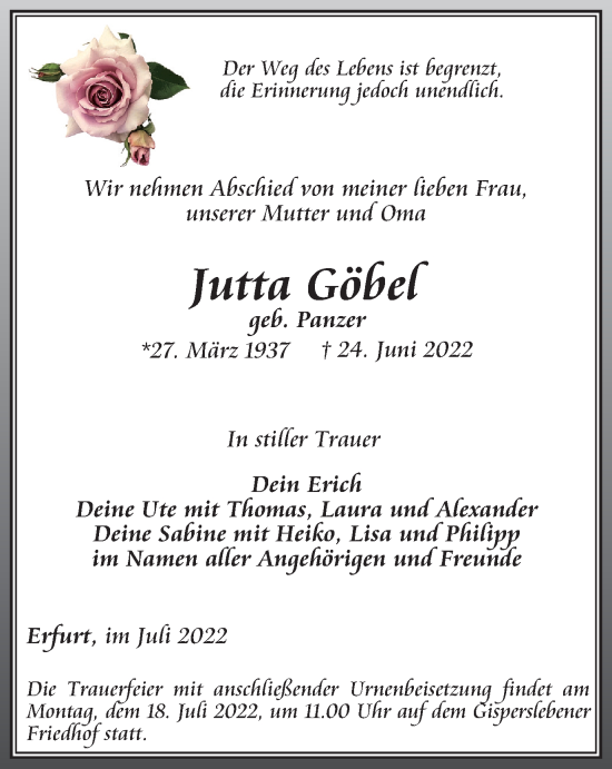 Traueranzeige von Jutta Göbel