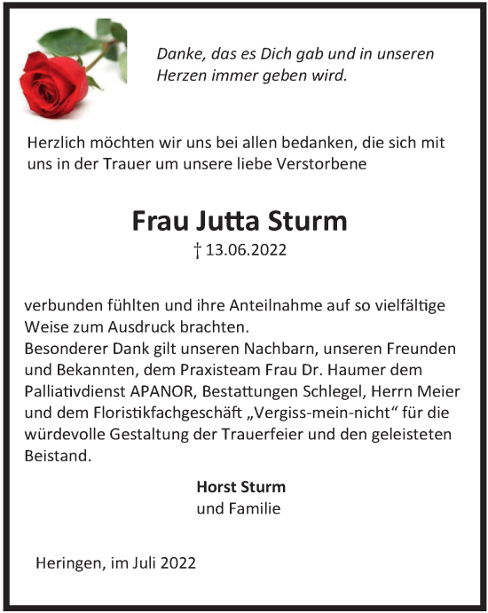 Traueranzeige von Jutta Sturm von Thüringer Allgemeine