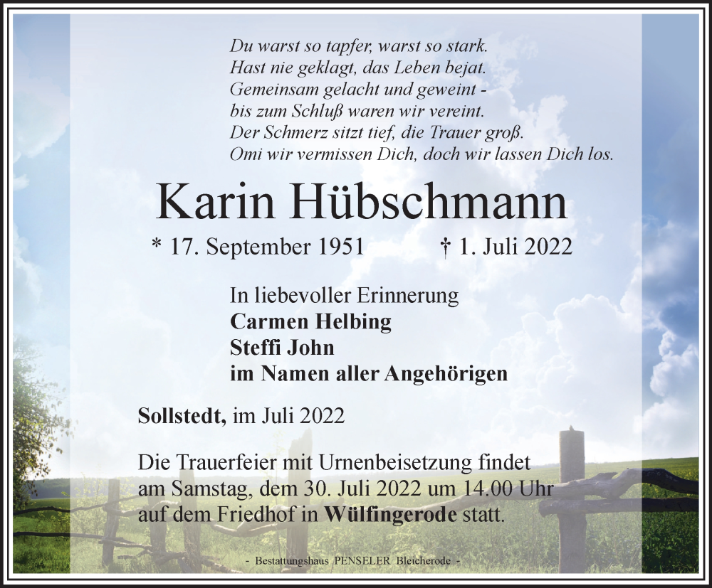  Traueranzeige für Karin Hübschmann vom 23.07.2022 aus Thüringer Allgemeine