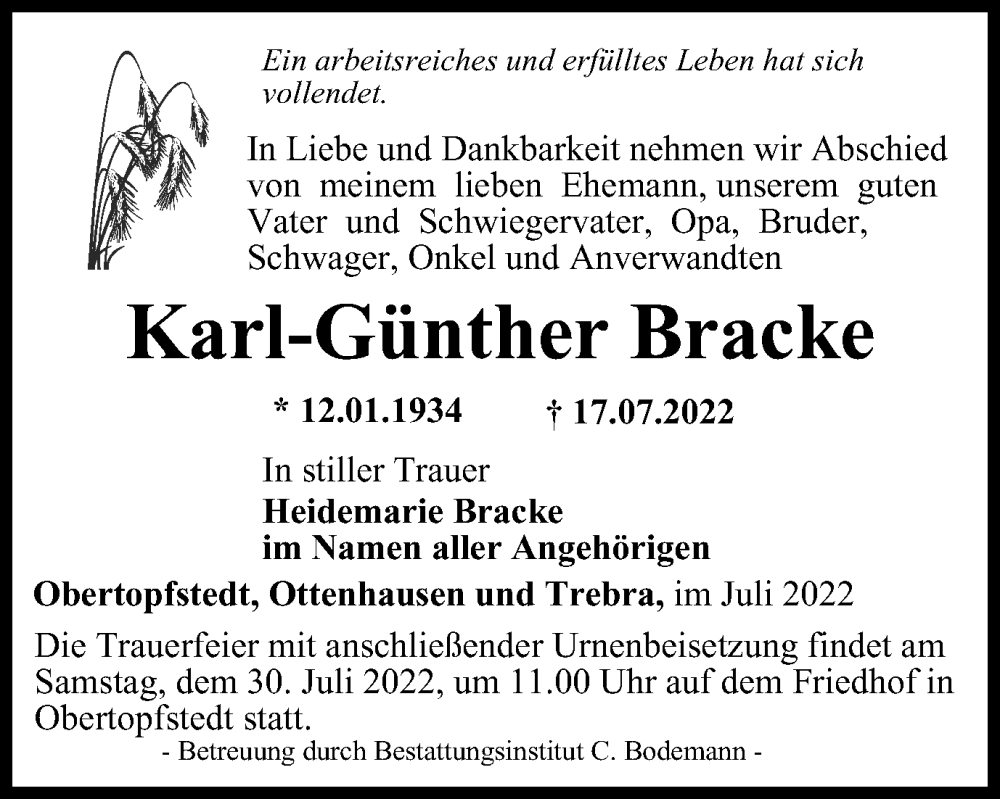  Traueranzeige für Karl-Günther Bracke vom 23.07.2022 aus Thüringer Allgemeine