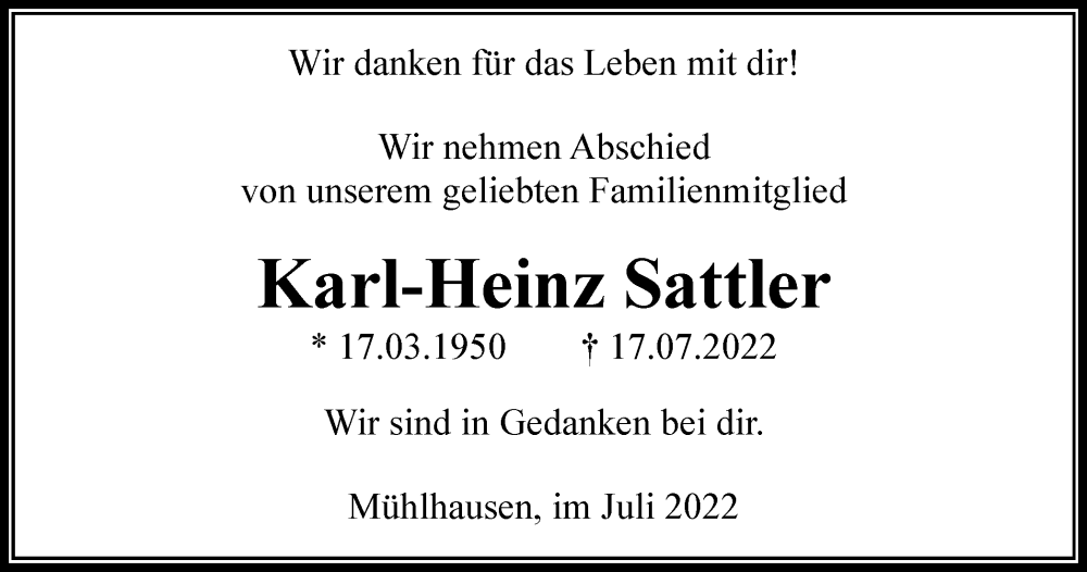  Traueranzeige für Karl-Heinz Sattler vom 23.07.2022 aus Thüringer Allgemeine, Thüringische Landeszeitung