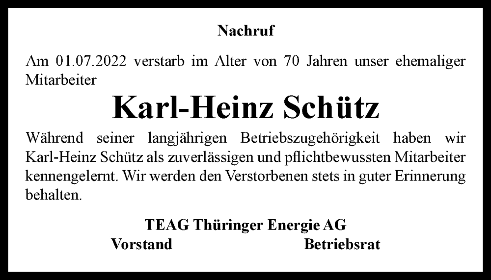  Traueranzeige für Karl-Heinz Schütz vom 23.07.2022 aus Thüringer Allgemeine, Thüringische Landeszeitung