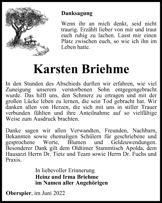 Traueranzeige von Karsten Briehme