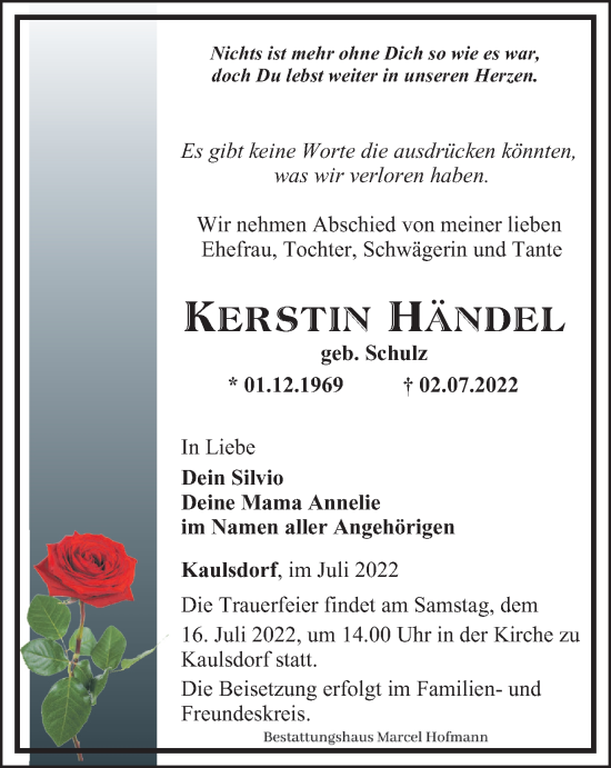 Traueranzeige von Kerstin Händel von Ostthüringer Zeitung