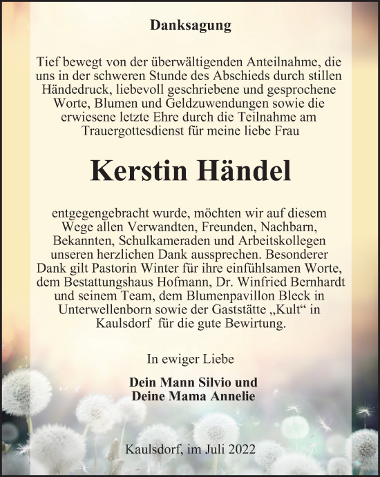 Traueranzeige von Kerstin Händel von Ostthüringer Zeitung