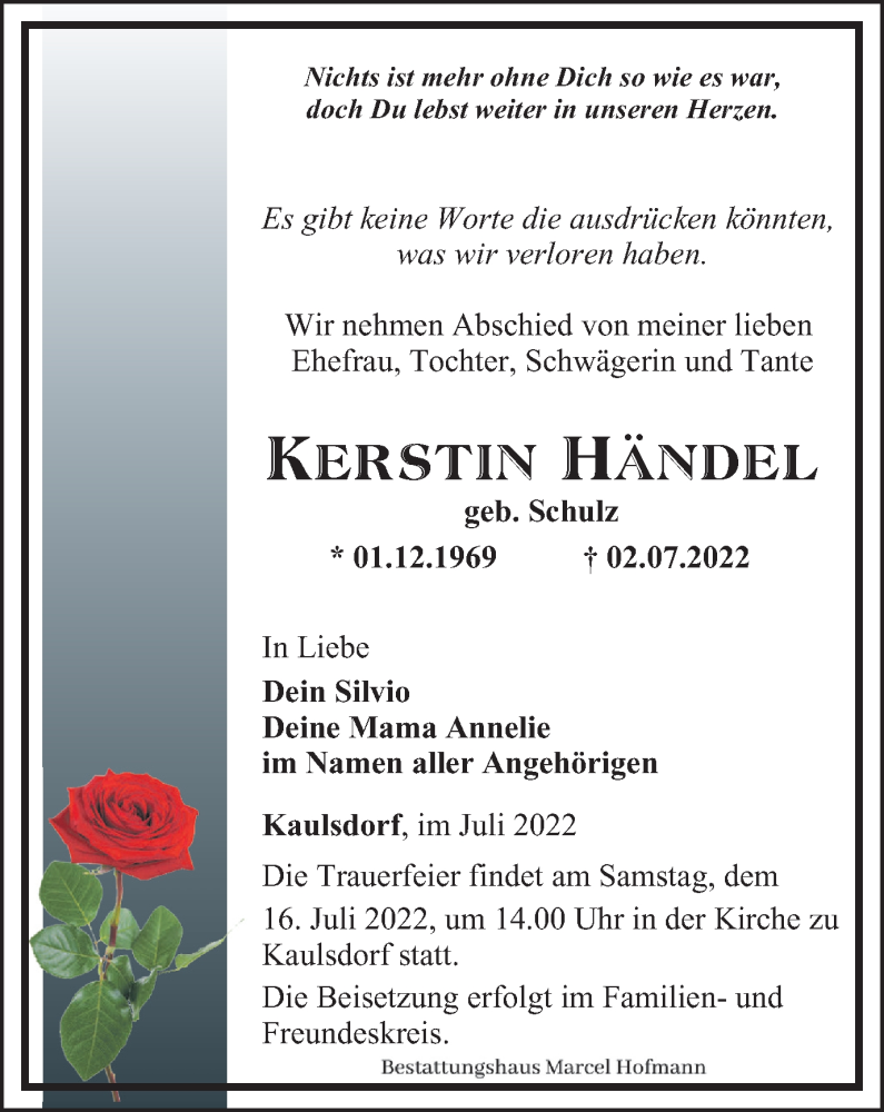  Traueranzeige für Kerstin Händel vom 09.07.2022 aus Ostthüringer Zeitung